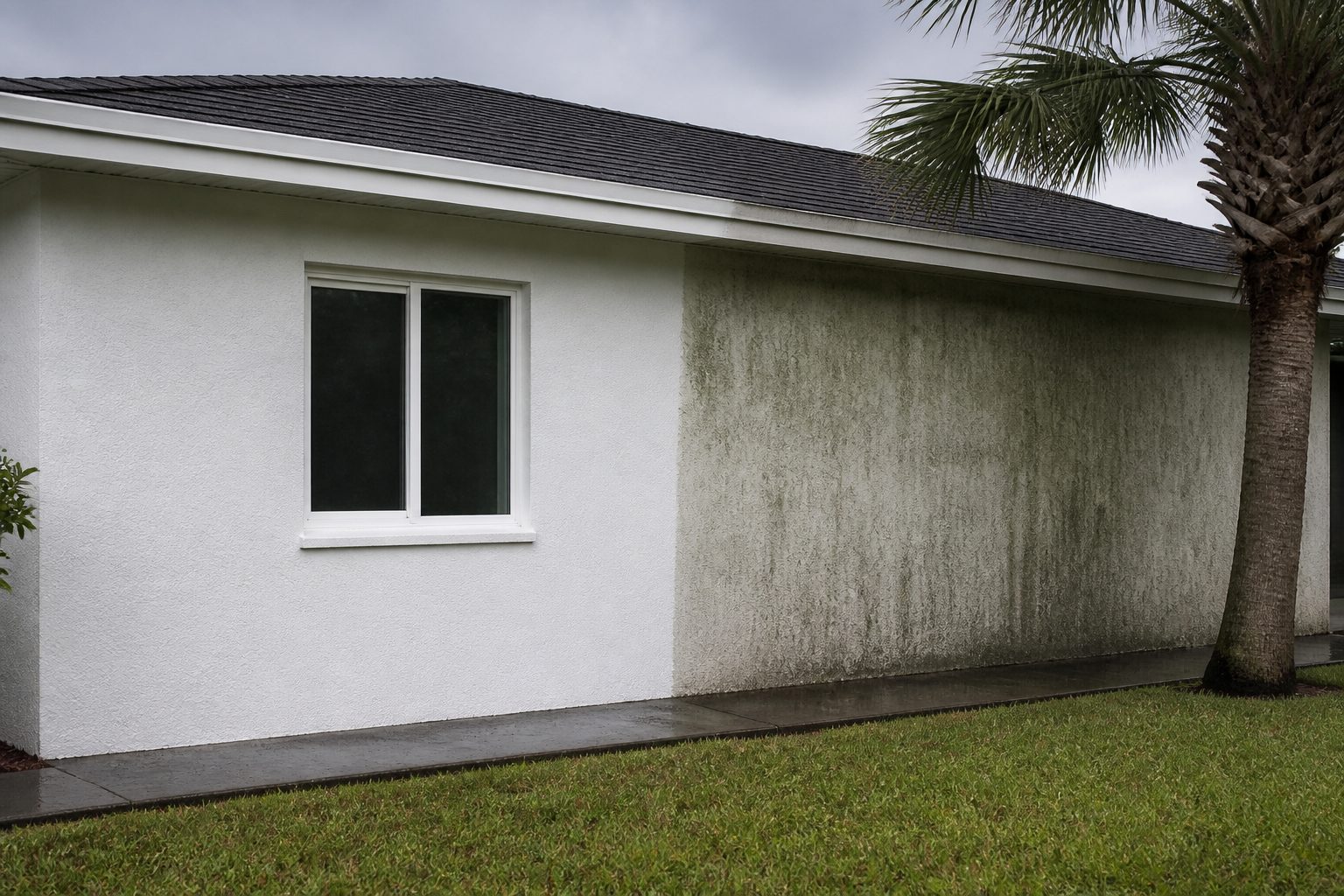 Florida stucco wall — mildew on one side, a sharp clean stripe on the other